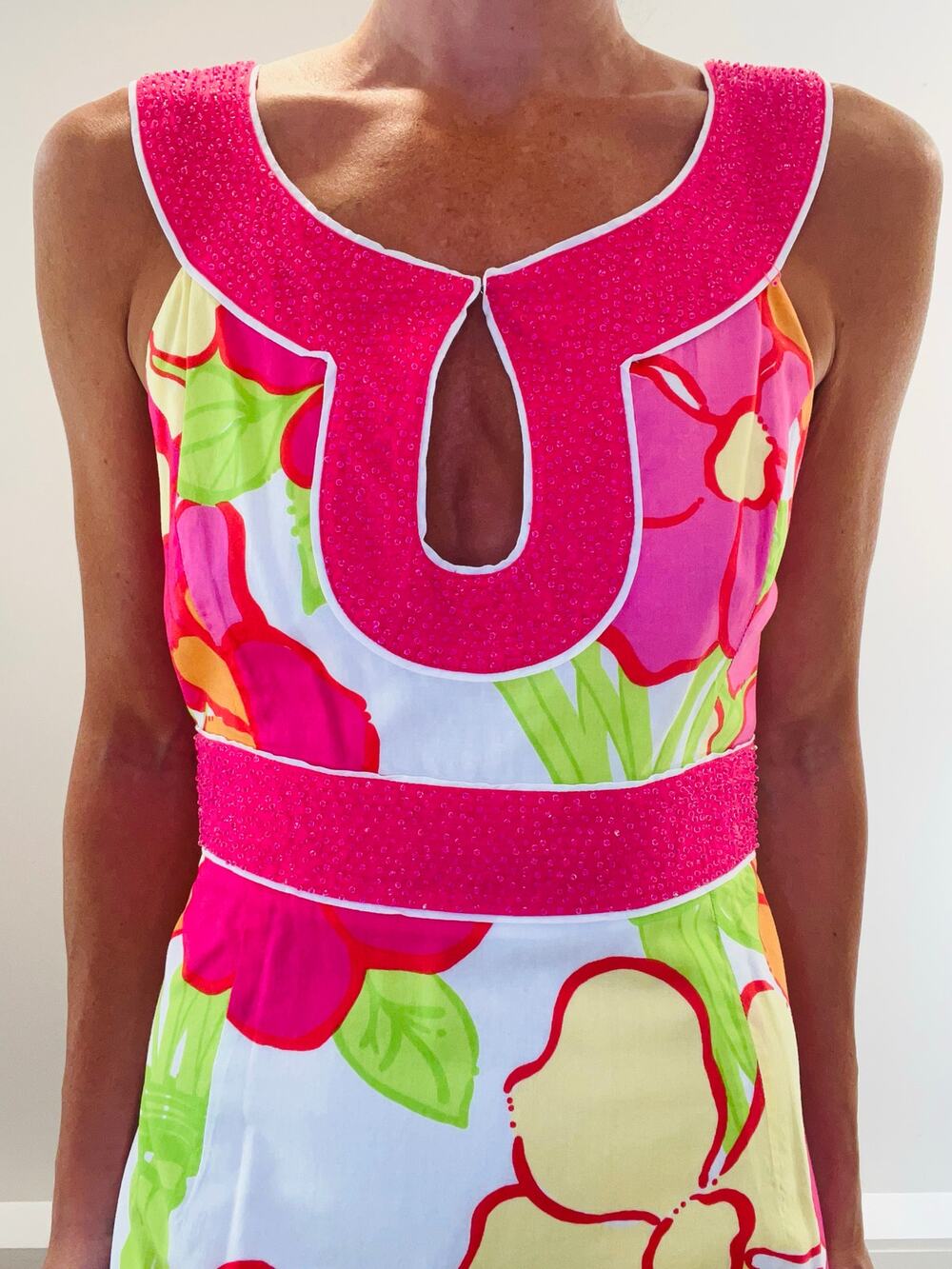 Vintage Lilly Pulitzer Maxi Dress Beaded Key Hole Pink Yellow Florals Size 8 JL